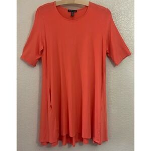 Eileen Fisher Coral Orange Jersey Knit Tunic Dress Pockets Short Sleeve S